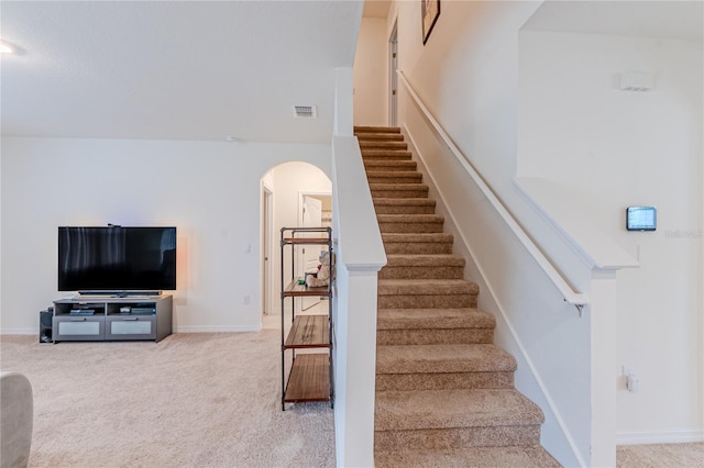 stairs featuring carpet floors