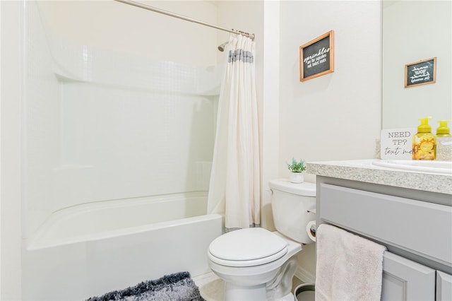 full bathroom with vanity, shower / bathtub combination with curtain, toilet, and tile patterned flooring