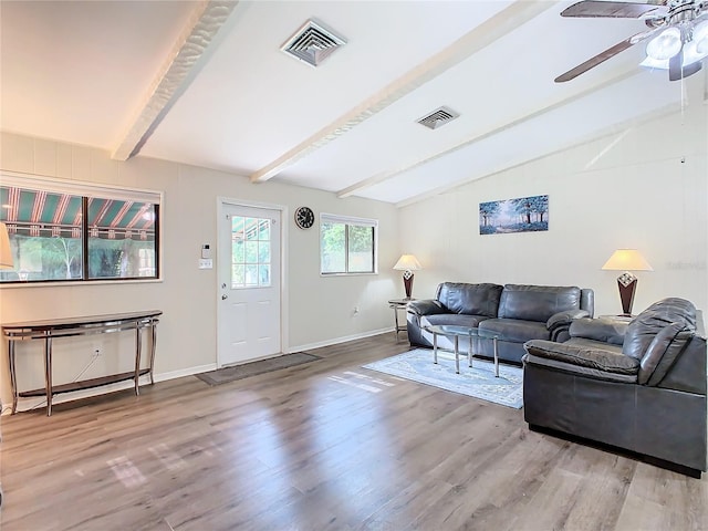 living area featuring lofted ceiling with beams, baseboards, visible vents, and wood finished floors