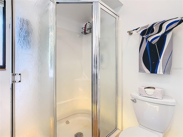 bathroom with a stall shower and toilet