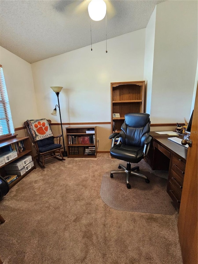 office with vaulted ceiling, carpet flooring, and a textured ceiling