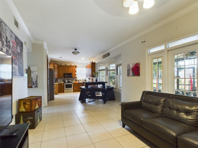 tiled living room featuring crown molding