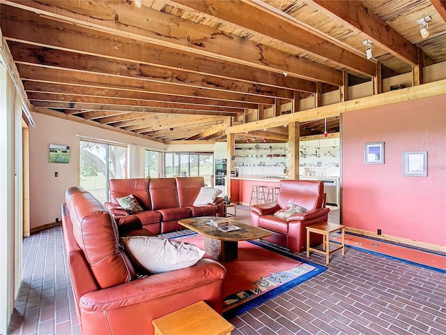 living room featuring wood ceiling and lofted ceiling