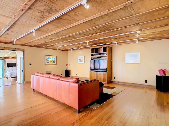 living room with light hardwood / wood-style floors and rail lighting