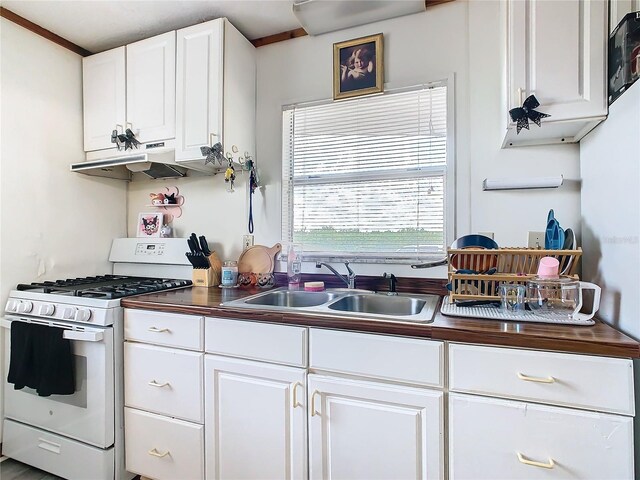 2741 Edwards Rd, Haines City, FL 33844 - kitchen with white gas range, exhaust hood, and white cabinets