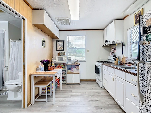 kitchen with white cabinetry, white appliances, and a healthy amount of sunlight