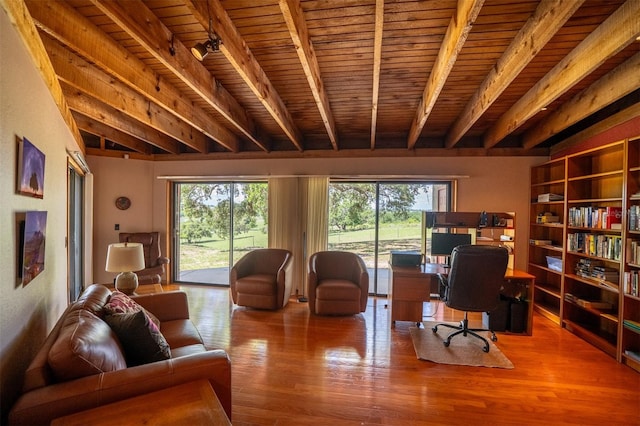 2741 Edwards Rd, Haines City, FL 33844 - office with wood finished floors and a wooden ceiling with exposed beams