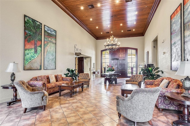 living area featuring a notable chandelier, wood ceiling, light tile patterned flooring, and ornamental molding