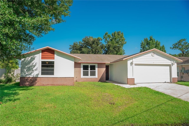 ranch-style home featuring a garage and a front yard