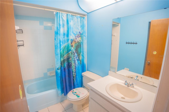 full bathroom with tile patterned flooring, shower / bath combination with curtain, toilet, and vanity