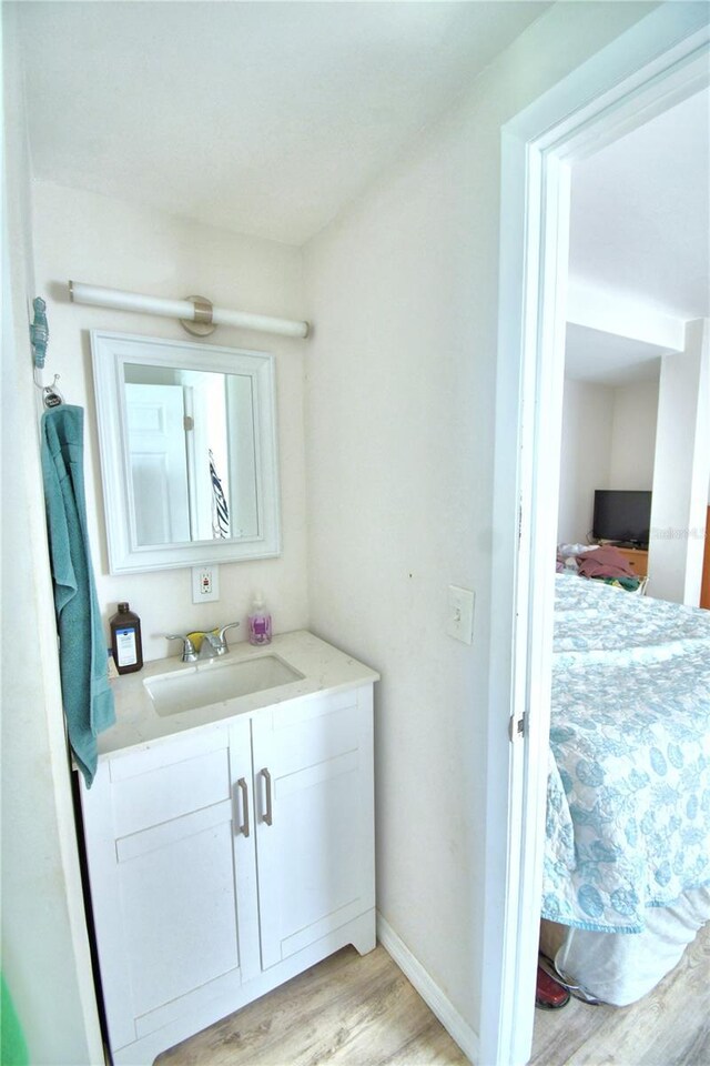 bathroom with hardwood / wood-style flooring and vanity