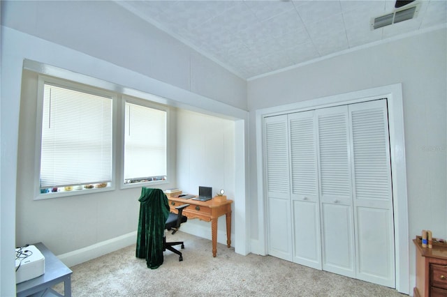 view of carpeted home office