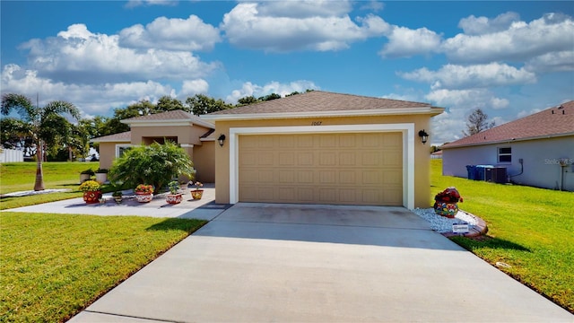 view of front of home with a garage, central air condition unit, and a front yard