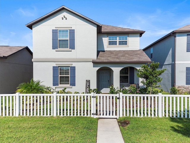 traditional-style house featuring a fenced front yard, a gate, a front lawn, and stucco siding