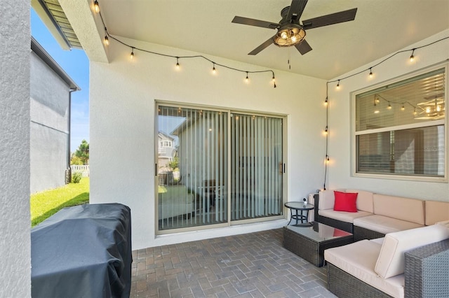 9681 Flourish Dr, Land O Lakes, FL 34637 - view of patio / terrace with ceiling fan and outdoor lounge area