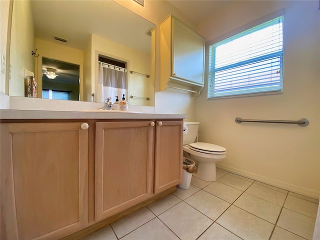 bathroom featuring ceiling fan, toilet, vanity, and tile patterned floors