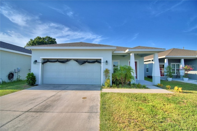 single story home featuring a front lawn and a garage