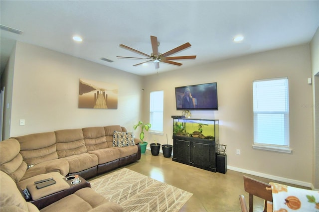 living room with ceiling fan