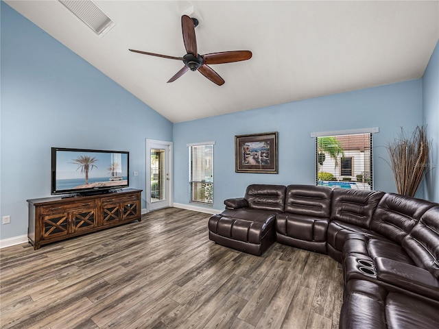 living room with plenty of natural light, ceiling fan, and hardwood / wood-style flooring