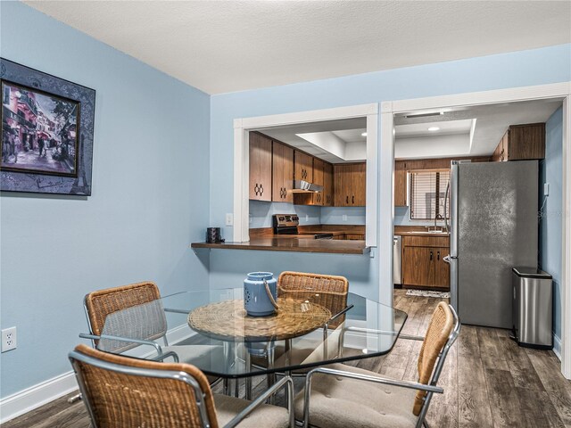 dining space featuring sink, a raised ceiling, and dark hardwood / wood-style flooring