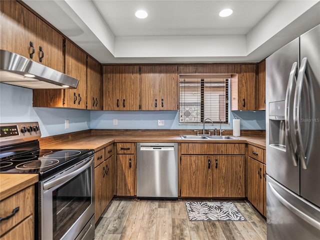 kitchen with appliances with stainless steel finishes, sink, light hardwood / wood-style flooring, and a tray ceiling