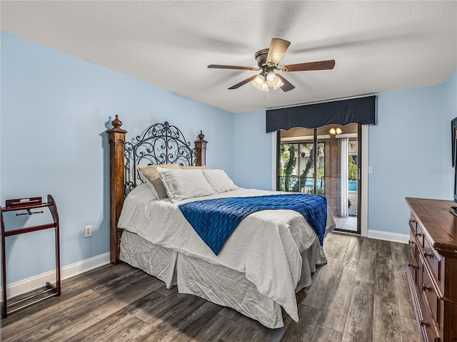 bedroom featuring a textured ceiling, ceiling fan, access to exterior, and hardwood / wood-style flooring