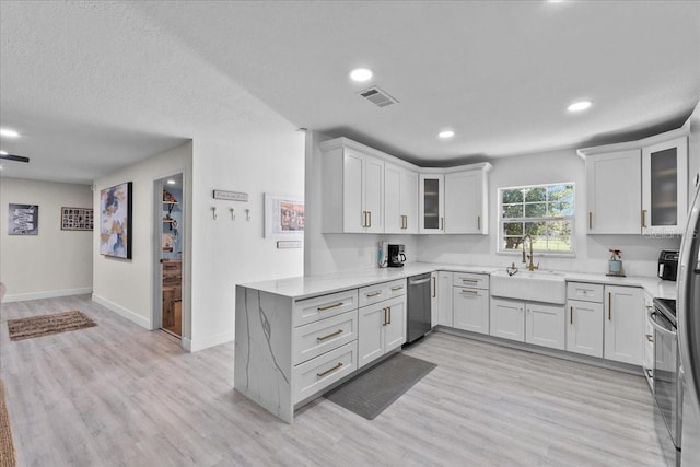 222 Rod Ln, Davenport, FL 33837 - kitchen featuring dishwasher, light wood finished floors, white cabinetry, recessed lighting, and glass insert cabinets