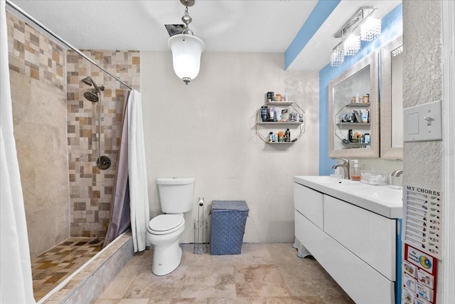 bathroom with a shower with curtain, vanity, tasteful backsplash, and toilet