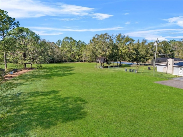 view of community featuring a yard and a trampoline