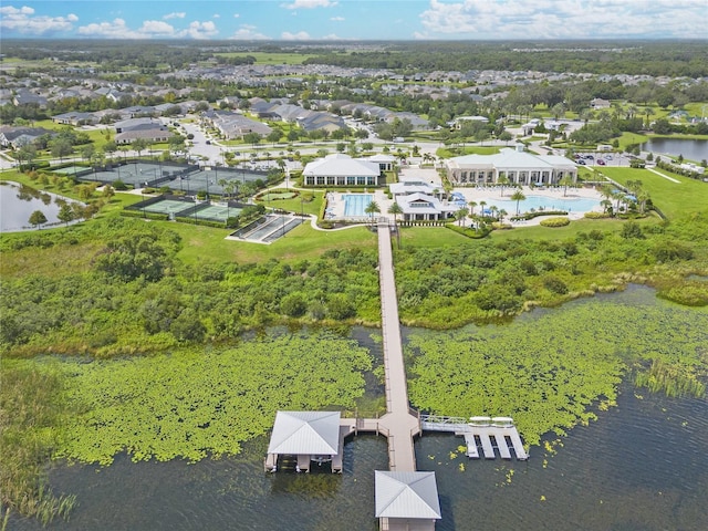 birds eye view of property featuring a water view