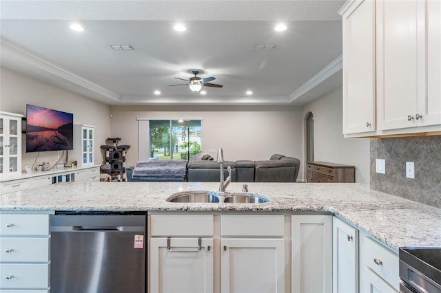 kitchen featuring ceiling fan, white cabinetry, sink, and appliances with stainless steel finishes