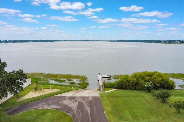 property view of water with a dock