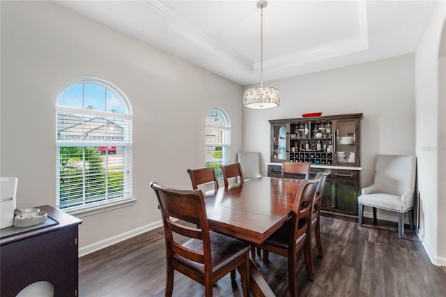 dining space with dark wood-type flooring and a tray ceiling