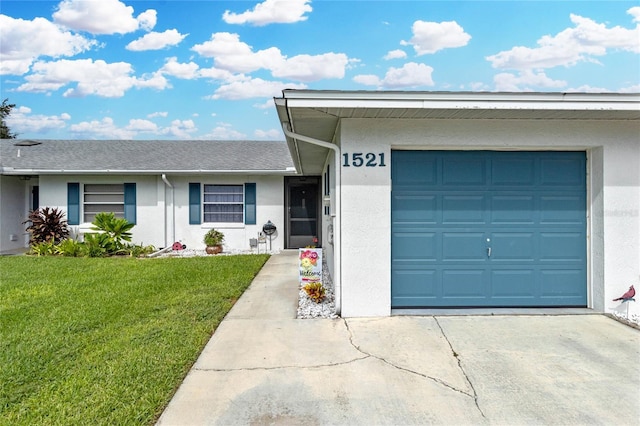 ranch-style home featuring stucco siding, a shingled roof, concrete driveway, an attached garage, and a front yard