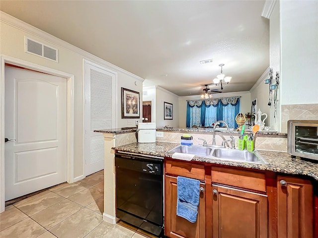 kitchen featuring black dishwasher, sink, ornamental molding, ceiling fan with notable chandelier, and light tile patterned floors