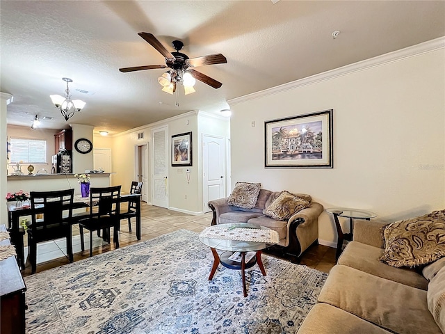 tiled living room featuring ceiling fan with notable chandelier, crown molding, and a textured ceiling