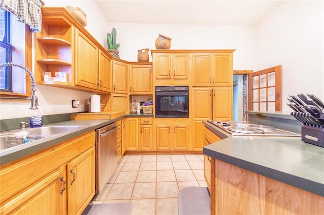 kitchen with dishwasher, black oven, sink, electric stovetop, and light tile patterned floors