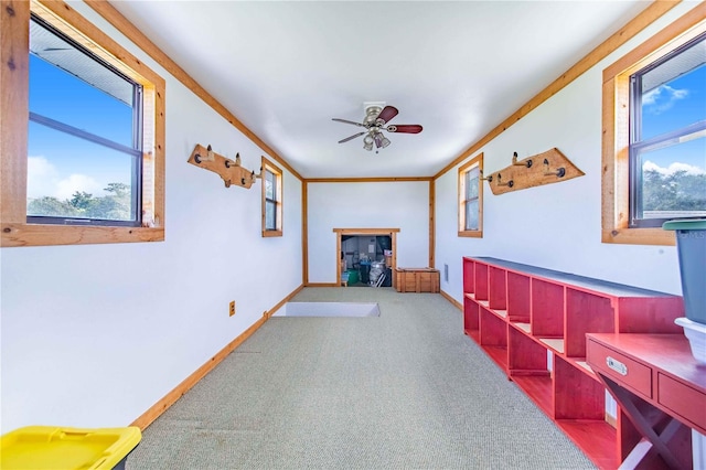 interior space featuring carpet floors, plenty of natural light, baseboards, and ornamental molding