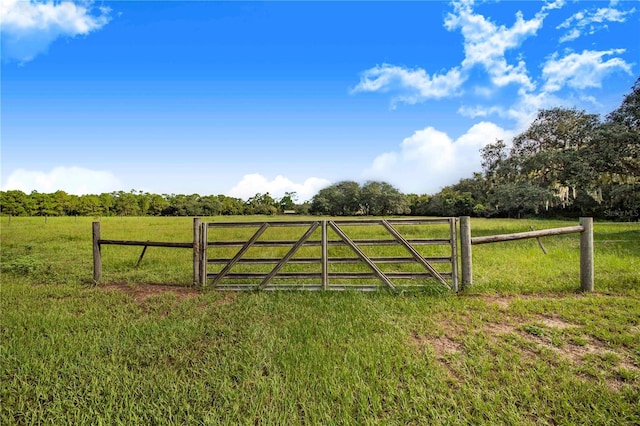 view of gate with a yard, fence, and a rural view