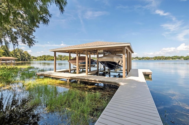 view of dock with a water view