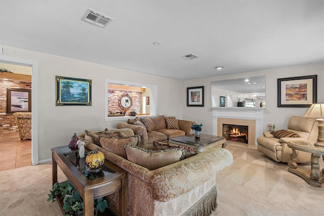 living room featuring light carpet