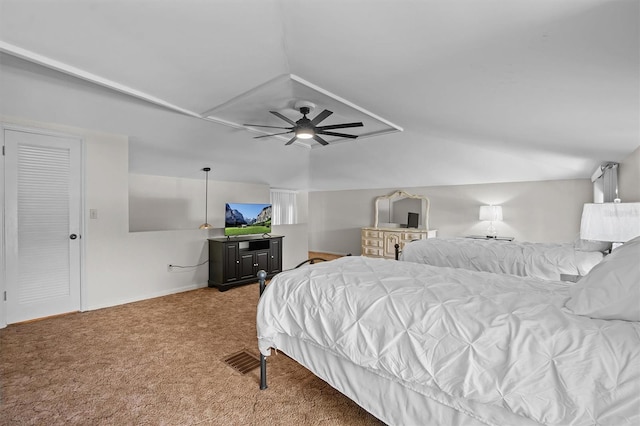 bedroom featuring carpet flooring, ceiling fan, and lofted ceiling