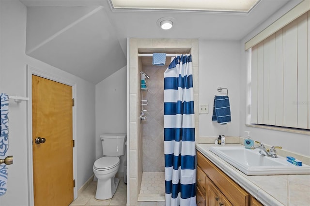 bathroom with toilet, tile patterned floors, vanity, lofted ceiling, and a shower with shower curtain