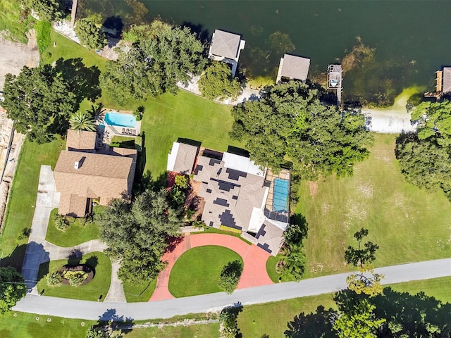 birds eye view of property featuring a water view