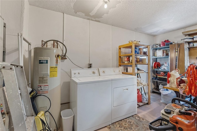 laundry area featuring ceiling fan, separate washer and dryer, a textured ceiling, and water heater