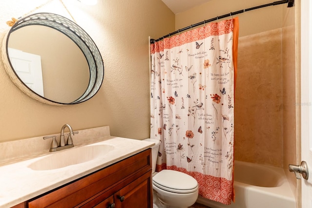 full bathroom featuring vanity, toilet, and shower / bathtub combination with curtain