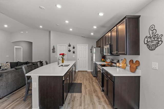 kitchen featuring lofted ceiling, stainless steel appliances, sink, and a center island with sink