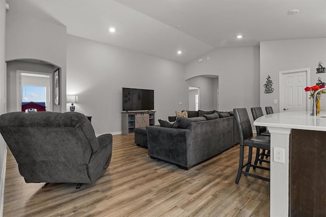 living room featuring high vaulted ceiling and hardwood / wood-style flooring