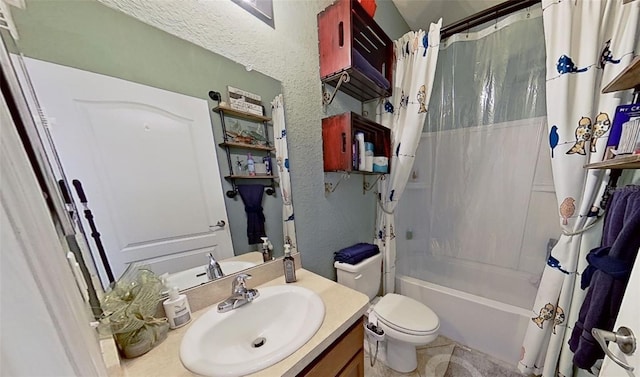 full bathroom featuring vanity, shower / bathtub combination with curtain, and toilet