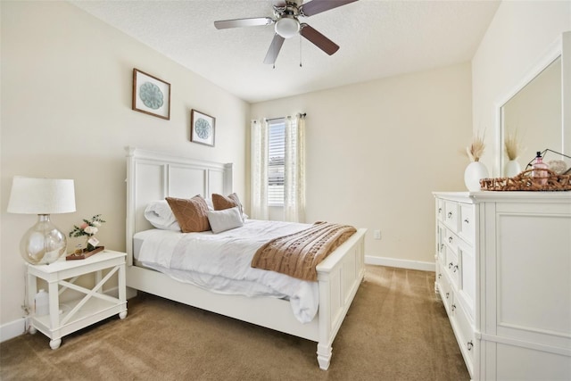 bedroom featuring dark carpet, ceiling fan, and a textured ceiling